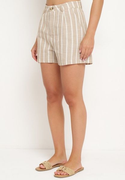 Beżowe Szorty w Pionowe Paski z Wysokim Stanem Vikitta. Brązowe szorty damskie Born2be, na lato, m, bez wzorów, eleganckie, z podwyższonym stanem. Za 99.99 zł.