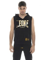 Męska bluza bez rękawów z kapturem i dużym złotym logo Leone 1947. Czarne bluzy męskie LEONE 1947 APPAREL, m, bez wzorów, z dżerseju, z kapturem, na fitness i siłownię. Za 235.76 zł.