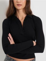 Prążkowana bluzka polo - czarny. Czarne bluzki damskie Sinsay, l, bez wzorów, prążkowane, bez kołnierzyka, bez ramiączek. Za 25.99 zł.