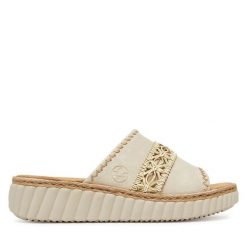 Klapki Rieker. Brązowe klapki damskie Rieker, bez wzorów, bez obcasa. Za 239.99 zł.