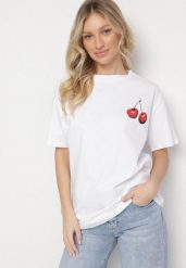 Biały T-shirt Bawełniany z Obustronnym Nadrukiem Wiśni Isoriel. Białe bluzki damskie Born2be, bez wzorów, z bawełny, eleganckie, bez kołnierzyka. Za 84.99 zł.