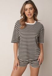 Beżowo-Czarny Komplet Bawełniany z Dzianiny Szorty i T-shirt o Luźnym Kroju w Paski Proseltte. Brązowe szorty damskie Born2be, uniwersalny, bez wzorów, z bawełny, eleganckie. Za 159.99 zł.