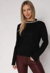 Czarny Sweter z Dodatkiem Kaszmiru Ozdobiony Cekinami i Cyrkoniami Vetimona. Czarne swetry damskie Born2be, z aplikacjami, z jeansu, eleganckie, bez kołnierzyka, bez ramiączek, bez kaptura. Za 104.99 zł.