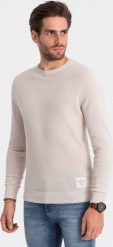 Ombre Sweter męski z teksturą i półokrągłym dekoltem - beżowy V6 OM-SWSW-0104 XXL. Brązowe bluzy męskie Ombre, m, bez wzorów, bez kołnierzyka. Za 119.99 zł.