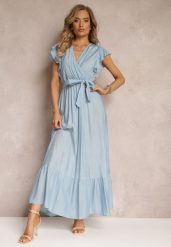Niebieska Rozkloszowana Sukienka Maxi z Gumką w Talii Lavla. Niebieskie sukienki damskie Renee, l, bez wzorów, z materiału, bez kołnierzyka, bez ramiączek, maxi, rozkloszowane. Za 74.99 zł.
