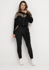 Czarny 2-Częściowy Komplet Dresowy z Animal Print Bluza z Kapturem i Spodnie z Kieszeniami Arieli. Czarne bluzy damskie Born2be, m, bez wzorów, z dresówki, z kapturem. Za 74.99 zł.