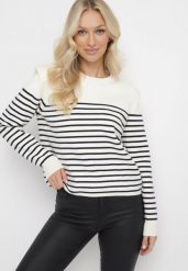 Beżowo-Granatowy Sweter w Cienkie Paskiz Poduszkami na Ramionach Gefonde. Brązowe swetry damskie Born2be, m, bez wzorów, bez kołnierzyka, bez ramiączek, bez kaptura. Za 139.99 zł.