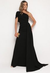 Czarna Dopasowana Sukienka Maxi z Ozdobnym Trenem Iralia. Czarne sukienki damskie Born2be, m, bez wzorów, bez kołnierzyka, bez ramiączek, maxi, dopasowane. Za 139.99 zł.