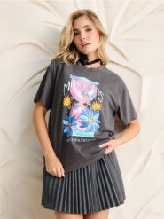 Koszulka z nadrukiem - szary. Szare t-shirty damskie Sinsay, l, bez wzorów, z bawełny, bez kołnierzyka. W wyprzedaży za 12.99 zł.