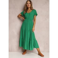 Zielona Sukienka z Wiskozy Jonmy. Zielone sukienki damskie Renee, na spotkanie biznesowe, na lato, l, z aplikacjami, z wiskozy, eleganckie, bez kołnierzyka, bez ramiączek, midi. Za 44.99 zł.
