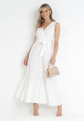 Biała Plisowana Sukienka Maxi z Gumką w Pasie i Materiałowym Paskiem Biak. Białe sukienki damskie Born2be, na imprezę, na lato, l, bez wzorów, z materiału, eleganckie, bez kołnierzyka, bez ramiączek, maxi. Za 84.99 zł.