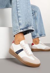 Biało-Granatowe Sneakersy Tenisówki z Geometrycznym Wzorem Hanivra. Białe obuwie sportowe damskie Renee, bez wzorów, z jeansu, sportowe, bez zapięcia. Za 74.99 zł.