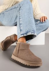 Ciemnobeżowe Casualowe Ocieplane Śniegowce na Płaskiej Podeszwie Emelunetta. Brązowe śniegowce i trapery damskie Renee, z jeansu. Za 79.99 zł.