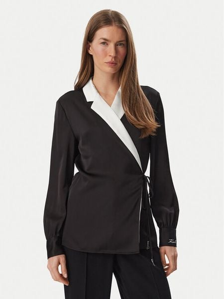 KARL LAGERFELD Bluzka B4W11016 Czarny Regular Fit. Czarne bluzki damskie KARL LAGERFELD, bez wzorów, bez kołnierzyka, bez ramiączek. Za 779.99 zł.