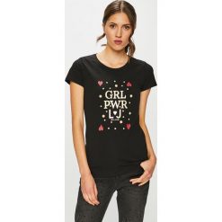 Liu Jo - Top. Brązowe topy damskie Liu Jo, z nadrukiem, z bawełny, z okrągłym kołnierzem, z krótkim rękawem. Za 269.90 zł.
