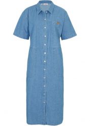 Sukienka dżinsowa. Niebieskie sukienki damskie bonprix, bez wzorów, bez kołnierzyka, bez ramiączek, plisowane. Za 144.99 zł.