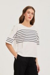 Bluza w paski biała. Białe bluzy damskie MOODO, l, bez wzorów, z bawełny, bez kaptura. Za 99.99 zł.