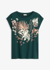 Koszulka z czystej bawełny organicznej. Zielone bluzki damskie bonprix, bez wzorów, z bawełny, eleganckie, bez kołnierzyka, bez ramiączek. Za 54.99 zł.