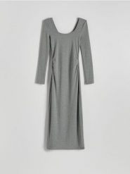 Dzianinowa sukienka maxi - ciemnoszary. Szare sukienki damskie Reserved, l, bez wzorów, z bawełny, bez kołnierzyka, bez ramiączek, maxi, dopasowane. W wyprzedaży za 29.99 zł.