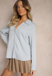 Jasnoniebieska Casualowa Koszula z Dodatkiem Bawełny w Paski Merinete. Niebieskie bluzki damskie Renee, l, bez wzorów, z bawełny, biznesowe, bez kołnierzyka, bez ramiączek. Za 49.99 zł.