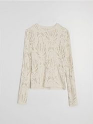 Ażurowa bluzka z długim rękawem - kremowy. Białe bluzki damskie Sinsay, l, w ażurowe wzory, bez kołnierzyka, bez ramiączek. Za 29.99 zł.