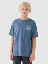 4F T-shirt regular z nadrukiem chłopięcy - granatowy 140 (9-10 lat). Niebieskie t-shirty dla chłopców 4f, bez wzorów, z bawełny, bez ramiączek. W wyprzedaży za 19.99 zł.