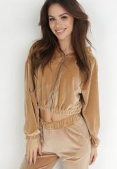 Beżowa Bluza Welurowa Krótka z Suwakiem Kiphi. Brązowe bluzy damskie Born2be, bez wzorów, z jeansu, bez kaptura. Za 74.99 zł.
