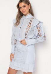 Niebieski Ażurowy Komplet z Dodatkiem Bawełny Koszula z Perełkowymi Guzikami i Spódnica Leniyana. Niebieskie koszule damskie Born2be, m, w ażurowe wzory, z bawełny, eleganckie, koszulowe. Za 109.99 zł.