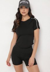Czarny Komplet Sportowy T-shirt i Szorty z Ozdobnym Lampasem Zorettia. Czarne szorty sportowe damskie Born2be, m, bez wzorów, z jeansu, eleganckie, na fitness i siłownię. Za 74.99 zł.