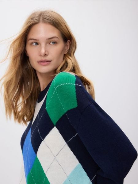 Sweter z wełną - granatowy. Niebieskie swetry damskie Reserved, l, bez wzorów, z dzianiny, bez kołnierzyka, bez ramiączek, bez kaptura. Za 159.99 zł.