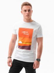 T-shirt męski z nadrukiem - biały V-1A - Rozmiar: XXL. Białe t-shirty męskie Ombre Clothing, m, bez wzorów, z bawełny, klasyczne, bez kołnierzyka. W wyprzedaży za 29.99 zł.