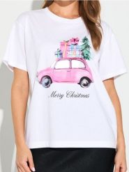 Bawełniana koszulka z nadrukiem świątecznym - biały. Białe t-shirty damskie Sinsay, l, bez wzorów, z bawełny, wizytowe, bez kołnierzyka. Za 25.99 zł.