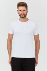 GUESS Biały t-shirt New Tech Str T. Białe t-shirty męskie Guess, l, z aplikacjami, bez kołnierzyka. W wyprzedaży za 182.99 zł.