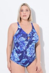 Damski Kostium kąpielowy kwiaty miękkie miseczki ozdobny węzeł. Niebieskie kostiumy jednoczęściowe damskie Ulla Popken, plus size, bez wzorów, z elastanu, plus size, do pływania. Za 191.99 zł.