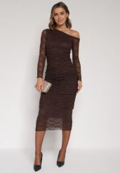 Brązowy Koronkowy Komplet Dopasowana Spódnica i Bluzka na Jedno Ramię Calonara. Brązowe bluzki damskie Born2be, l, bez wzorów, z koronki, casualowe, bez kołnierzyka, bez ramiączek. Za 159.99 zł.