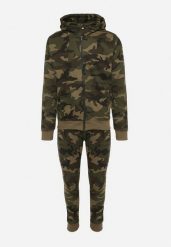 Ciemnozielony Komplet Dresowy Moro Rozpinana Bluza z Kapturem Spodnie ze Ściągaczami Rotita. Zielone bluzy męskie Born2be, l, bez wzorów, z bawełny, z kapturem. Za 129.99 zł.