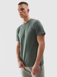 4F T-shirt regular z bawełny organicznej z nadrukiem męski - khaki S. Brązowe koszulki sportowe męskie 4f, m, bez wzorów, z bawełny, klasyczne, bez kołnierzyka. W wyprzedaży za 39.99 zł.