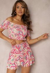 Fuksjowy Bawełniany Komplet Bluzka Hiszpanka Szorty High Waist z Falbankami Testamara. Czerwone bluzki damskie Renee, m, bez wzorów, z bawełny, bez kołnierzyka, bez ramiączek. Za 39.99 zł.