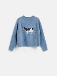 Sweter ze zwierzęcym motywem - granatowy. Niebieskie swetry damskie Reserved, l, bez wzorów, z dzianiny, bez kołnierzyka, bez ramiączek, bez kaptura. Za 129.99 zł.