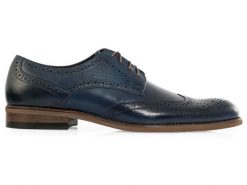 Granatowe męskie buty wizytowe - brogsy T147. Eleganckie półbuty Modini Moda Męska, ze skóry, casualowe, bez zapięcia. W wyprzedaży za 333.00 zł.