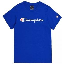 Koszulka sportowa chłopięca Champion 306832BS003. Niebieskie t-shirty dla chłopców Champion, bez wzorów, z materiału, bez ramiączek. Za 121.75 zł.