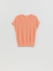 Bluzka z wiskozą - brzoskwiniowy. Pomarańczowe bluzki damskie Reserved, l, bez wzorów, z dzianiny, bez kołnierzyka, bez ramiączek. Za 79.99 zł.