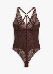 Body ze stringami, bez fiszbinów, ze szlachetnym haftem. Brązowe body damskie bonprix, bez wzorów. Za 109.99 zł.