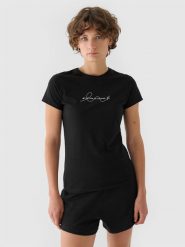 4F T-shirt slim z nadrukiem damski - czarny XS. Czarne koszulki sportowe damskie 4f, xs, bez wzorów, z dzianiny, klasyczne, bez kołnierzyka. Za 29.99 zł.