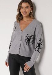 Szary Kardigan na Guziki w Haftowane Kwiaty Tustara. Szare kardigany damskie Born2be, l, bez wzorów, z jeansu. Za 79.99 zł.