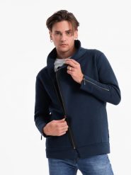 Rozpinana bluza męska ze stójką LONDON - granatowa - Rozmiar: XXL. Niebieskie bluzy męskie Ombre Clothing, m, bez wzorów, z bawełny, bez kaptura. Za 289.99 zł.