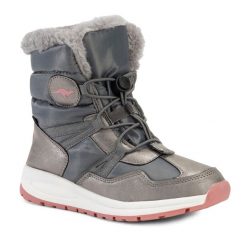 Śniegowce juniorskie KangaROOS K-PE Ski RTX. Szare śniegowce dziewczęce KangaRoos, z gumy, sportowe, przed kolano, bez zapięcia. Za 249.99 zł.
