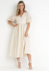 Beżowa Sukienka Maxi z Bawełny i Lnu z Ażurowymi Wstawkami i Gumką w Pasie Arada. Brązowe sukienki damskie Born2be, na co dzień, m, w ażurowe wzory, z bawełny, wizytowe, bez kołnierzyka, bez ramiączek, maxi, proste. Za 249.99 zł.