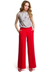 Eleganckie Szerokie Czerwone Spodnie w Kant. Czerwone spodnie materiałowe damskie MOE, l, bez wzorów, z elastanu. Za 219.90 zł.