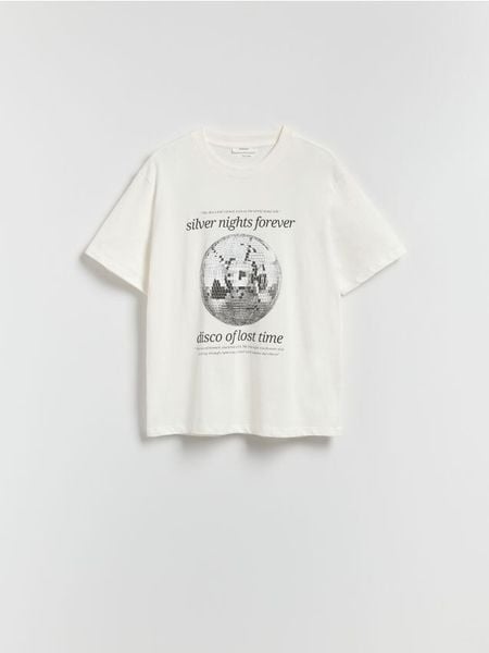 T-shirt z nadrukiem - złamana biel. T-shirty damskie Reserved, l, bez wzorów, z bawełny, bez kołnierzyka. Za 49.99 zł.